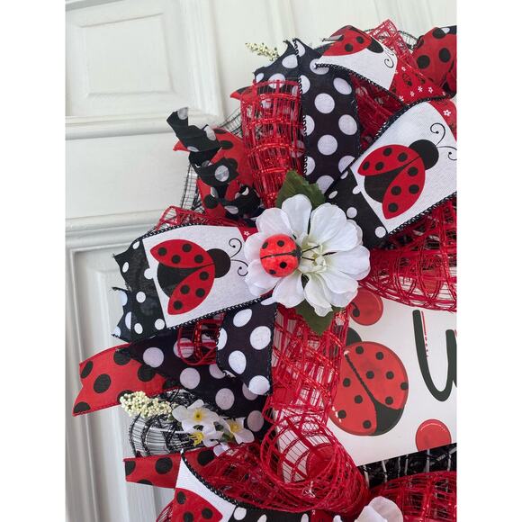 Ladybug Welcome Wreath – Handmade Red & Black Deco Mesh Door Decor with Florals - Picture 2 of 9